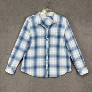 Faherty Plaid Button Down Women Large Blue Indigo Organic Cotton Gauze Shirt